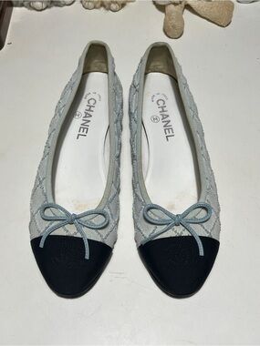Chanel Women's Two-Tone Light Blue and Black Quilted Ballerina Flats denim